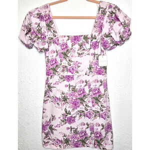 Altar'd State Dress Womens Large Purple Floral Mini Romantic Puff Sleeve Cottage